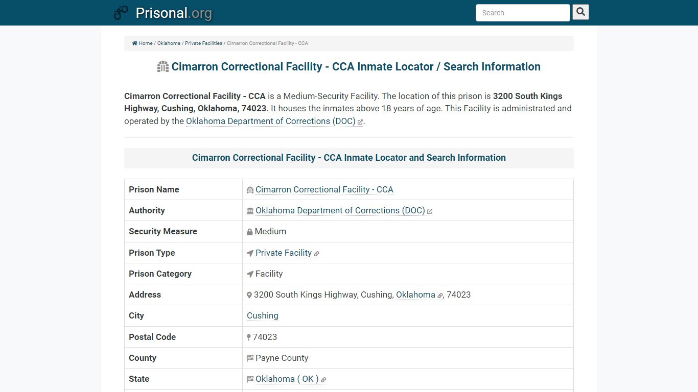 Cimarron Correctional Facility - CCA-Inmate Locator/Search ...
